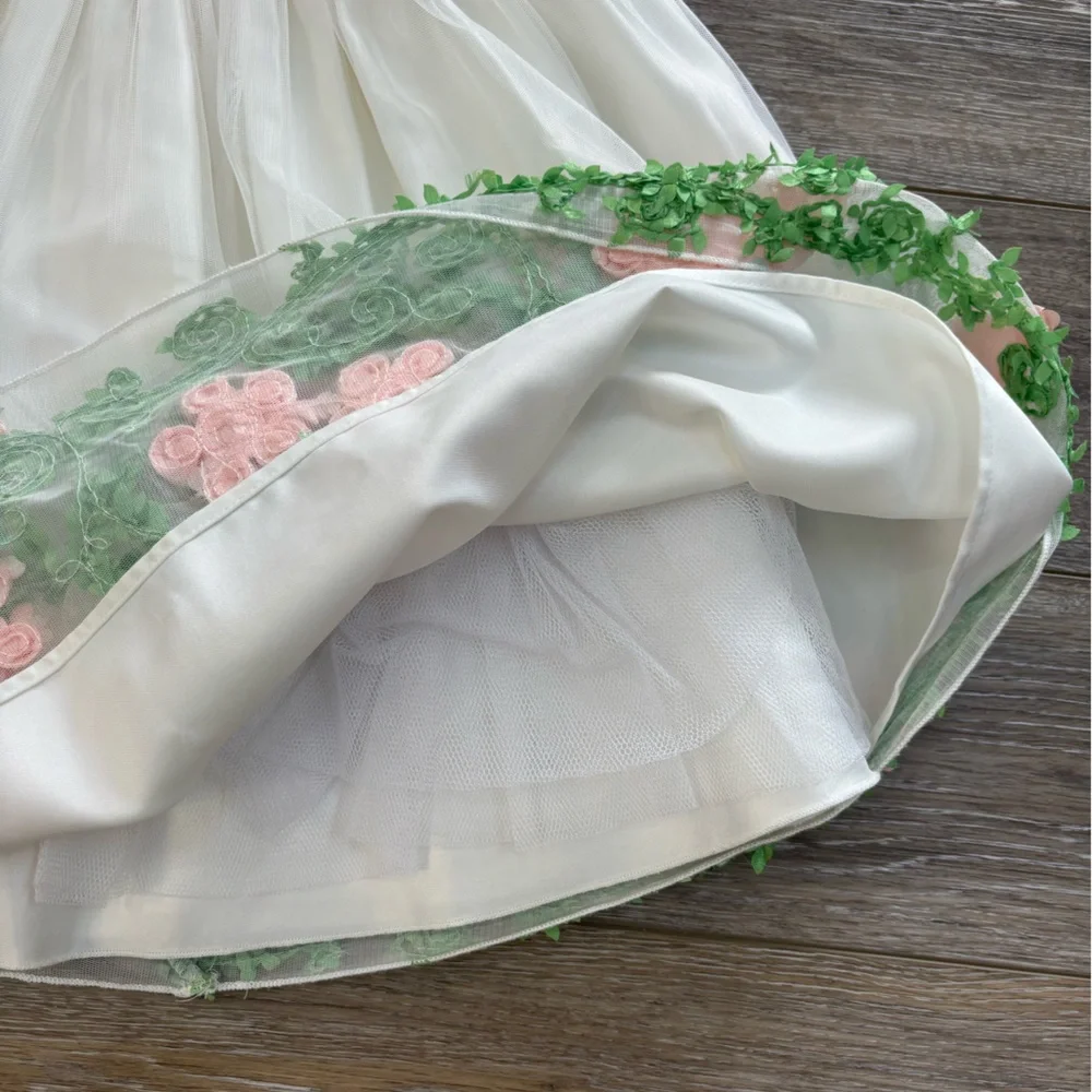 American Princess White Sleeveless Dress Pearl Floral Embroidery Wedding Easter